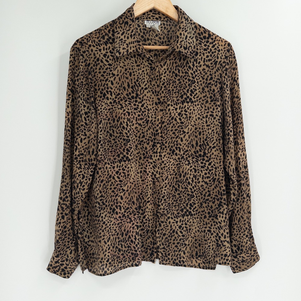 Vintage 90s Silk Button Down Women L Brown Leopard Print Indie Mob Wife Animal